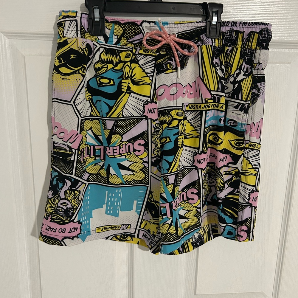 SWIM SURF SHORTS TRUNKS - SIZE Medium OH SNAP! DRAWSTRING COMIC BOOK EUC